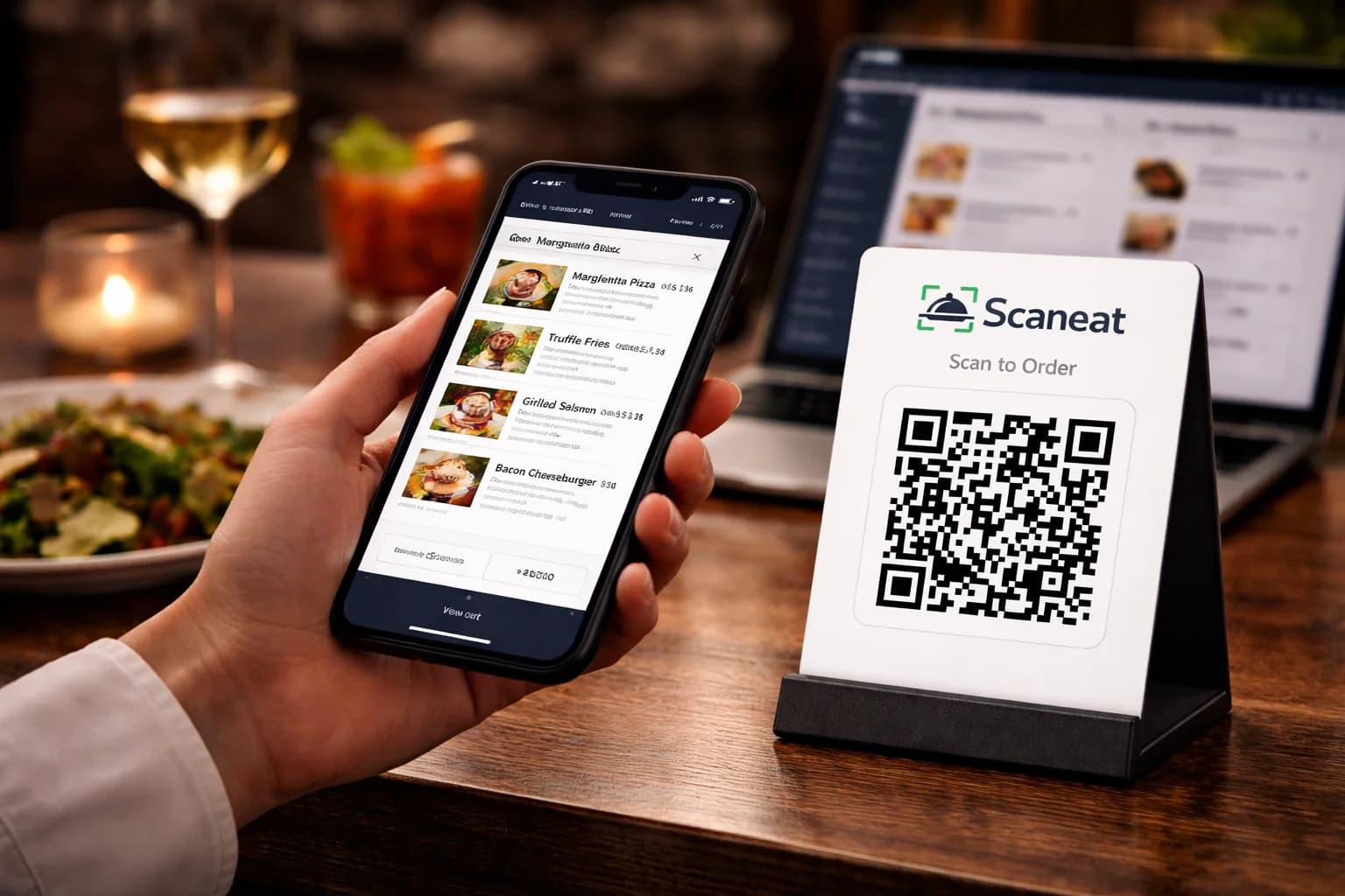 Diner scanning a ScanEat table QR code and browsing the digital menu on a phone